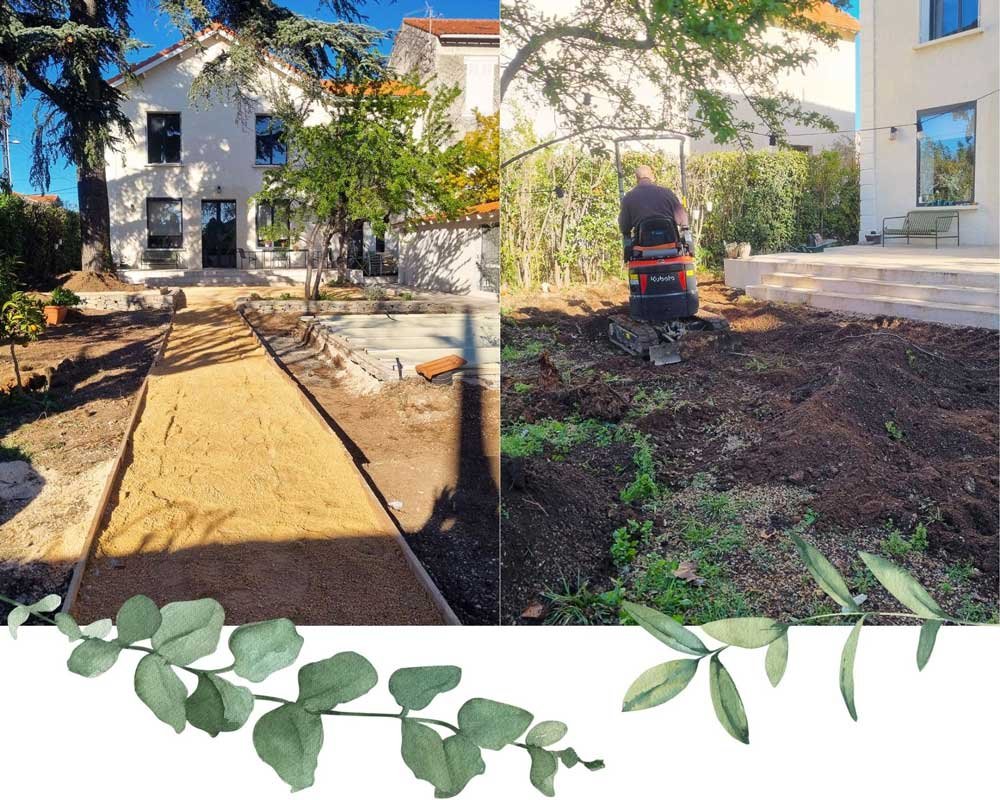 Après-avant d’un aménagement complet : terrassement, pose de gravier, géotextile et stabilisé