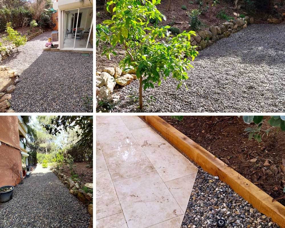 Aménagement d’un jardin avec du galet de Durance en provenance des Pépinière Pierre Basset Diffusion